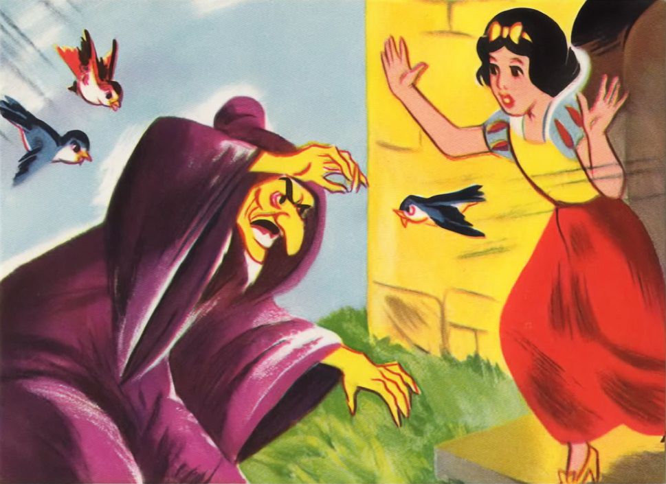 Birds attack the witch and Snow White rushes out of the house to protect her.
