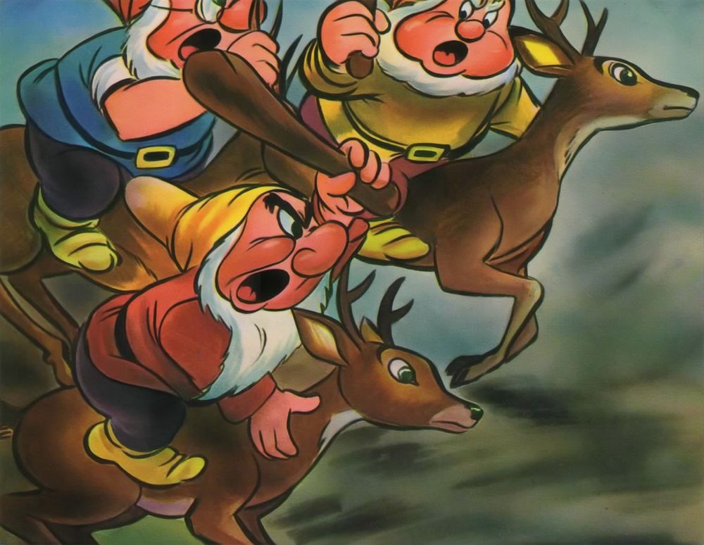 Three dwarfs riding deers seem to shout and look very cross.