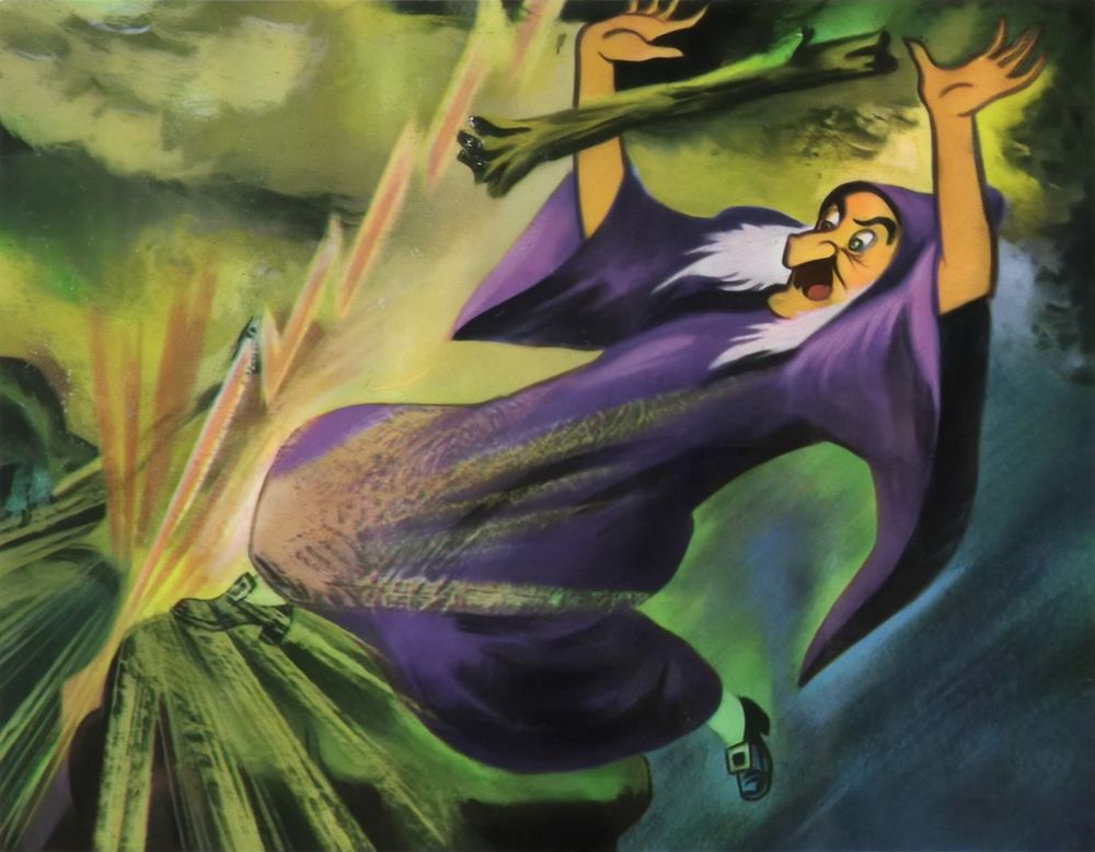 A bolt of lightning is falling on the witch perched atop a rock, shattering the stick she was using to tip a large boulder.