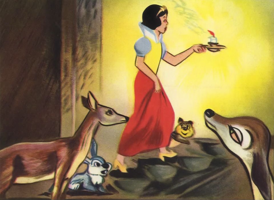 Snow White walks up the stairs.