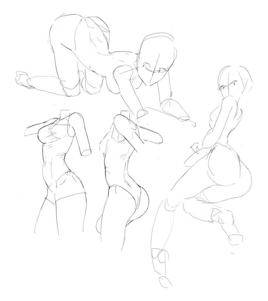 various sketches of a girl in a swimsuit