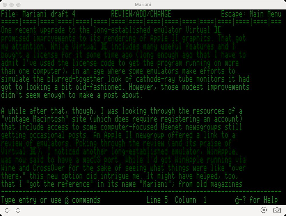 Screenshot of an AppleWorks word processing document in the emulator Mariani.