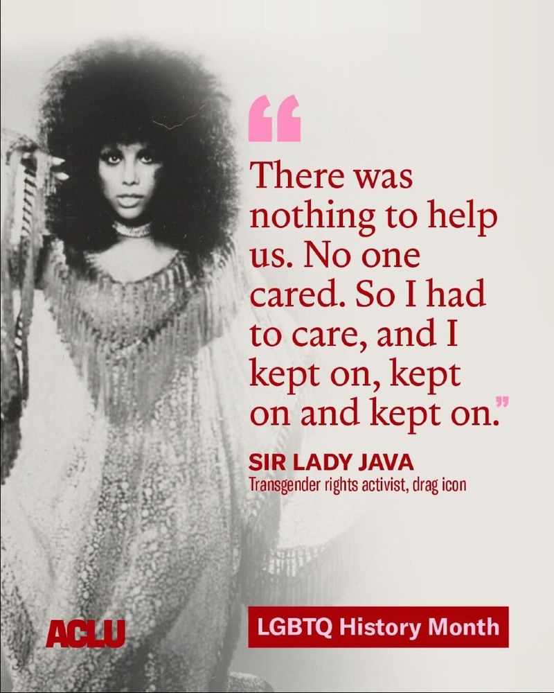 Stylized black-and-white photo of Sir Lady Java, a Black transgender woman with voluminous hair, wearing a sparkly fringed outfit and choker necklace, holding one arm up. On the right side is her quote: “There was nothing to help us. No one cared. So I had to care, and I kept on, kept on and kept on.” Below, in red text: “SIR LADY JAVA, Transgender rights activist, drag icon.” The bottom right shows a red banner that reads “LGBTQ History Month,” and the bottom left features the red ACLU logo.