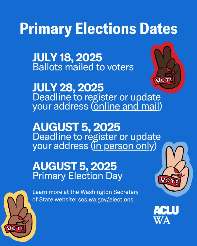 Blue graphic with the title "Primary Elections Dates for Washington in 2025" and a list of dates. On July 18 ballots were mailed to voters. July 28 is the deadline to register or update your address (online/mail). August 5 is the deadline to register or updater your address (in person only). August 5 is also Primary Election Day!

Learn more at the Washington State Secretary website: sos.wa.gov/elections