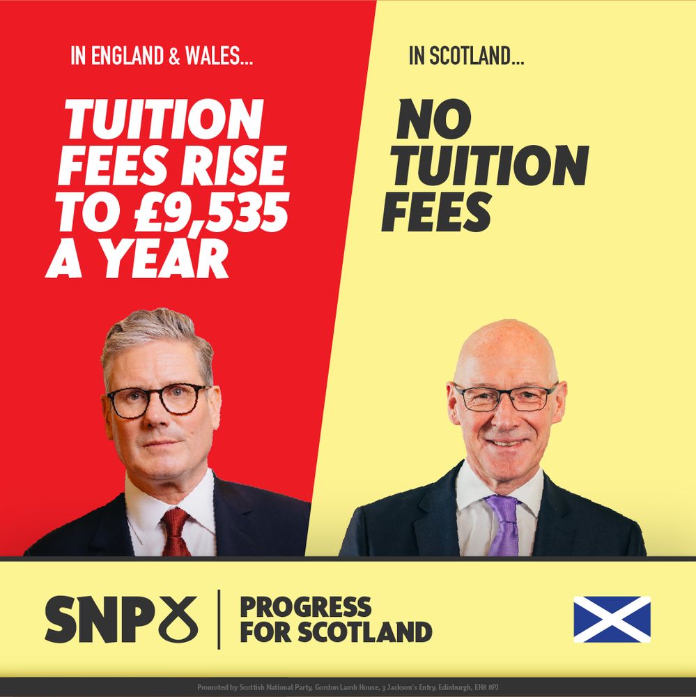 in England & Wales, tuition fees rise to £9,535 a year.

in Scotland, no tuition fees.