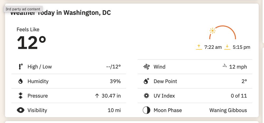 Washington D.C. weather report showing that it feels like 12 F / -11 C on this Inauguration Day.