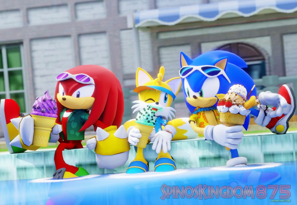 PAGE 1: A red shoe slowly but hesitantly submerged into water. Tails: Come on, Sonic. It's not gonna melt you. Sonic: I know, Tails. I know. I... I'm... I'm still scared of water. Tails: Don't worry, you won't fall in. But if you do, we're right here to get you out. Knuckles: Yeah, just do it, man. With deep breaths, Sonic finally sticks his entire foot into the cool water while holding a Sundae Supreme. He sighs. Sonic: Phew. I'll admit it does feel nice on a hot day like this. Tails: Yeah. And you know what else is nice? Sonic: Oh, yeah. He stares at his ice cream, looking back at the time he first tried it with Chip in Apatos. Tails: Thinking about Chip? Sonic: Well, you can say that. I remember the first time I tried this with him, and it kind of became my favorite. Knuckles: I've never met this Chip guy. What was he like?



Sonic: He was a funny little guy who had quite an appetite. He and I traveled around the world during my adventure to restore the planet when it was split open. I'm glad they served it here; it's the reason why I named him. Heh. I do miss that little guy. He looks at his treat and finally licks it. Sonic: Hmm. It tastes just as good as it does in Apatos. Tails licks his mint chocolate chip. Sonic: Enjoying your ice cream, buddy? Tails: Mmm-hmm! Mint chocolate chip, my favorite! Sonic looks over to Knuckles eating a purple ice cream, topped with frozen grapes. Sonic: Yo! I didn't know grape ice cream even existed. Knuckles: Me neither. They said that it does, but it's not common. Tails: Is it good? Knuckles: Yeah, it's like a fruit sherbet with grapes on top. And since I'm a grape lover myself, how could I not resist?! Sonic: Heh-heh! I don't blame ya, pal! He looks across the pool to see Amy, Cream, Blaze, and the Chaos eating ice cream. Sonic: I wonder what they're having over there?