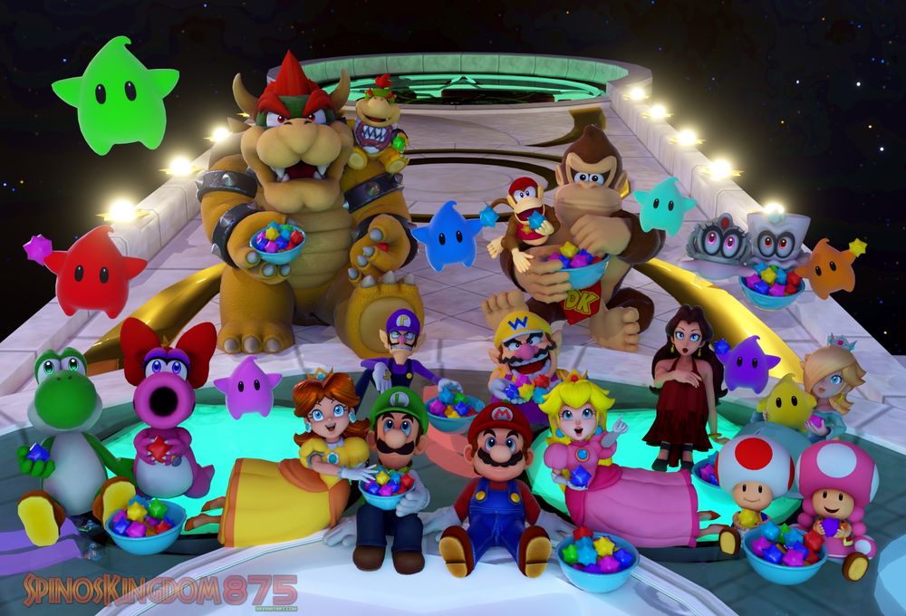 PAGE 1:

There is a watch party at the Comet Observatory in space. Mario and Crew are reacting to the new trailer of the upcoming Super Mario Galaxy movie. They're being served bowls of star bits, which are known to taste like sweet honey. Peach: This is so exciting! I can't wait to see the trailer! Daisy: Yeah, the fact that they're jumping to Galaxy this early is wild! Mario: I remembered my galaxy adventures, especially the one I had with Yoshi. One of my greatest adventures of the franchise. Luigi: Oh yeah, people loved those games, and they sold very well on the Wii. Daisy ate some star bits. Daisy: Mmm, these are pretty good! They kinda taste like... Honey! Green Luma: They're our favorite. Mama would use them for all kinds of yummy meals! Daisy: Cool! 



Peach looks behind her and sees Bowser sharing star bits with his son, Bowser Jr. Rosalina came by. Rosalina: Don't worry, I'll make sure he doesn't cause trouble on my observatory. Pauline, the Wario Bros, Yoshi, Birdo, DK and Diddy Kong, and the Toads all munched on star bits. Wario stuffs his face with bits. Even Cappy and Tiara shared a bowl with a luma, as the direct comes on and Shigeru Miyamoto appeared, along with Christopher Meledandri.



After a while, the trailer comes on, showing Bowser painting in his little house. Everyone laughed as they remembered that Bowser shrunk in the last film. Bowser felt embarrassed. In the trailer, Movie Bowser shows a painting of him and Peach, got into a fit, then calmed down and went back inside.