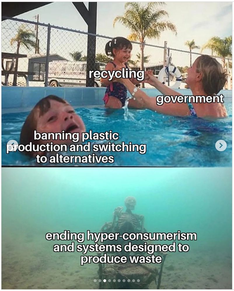 Meme: a family is playing in the pool. The mother, labeled government, is celebrating one child while another, labeled "banning plastic production and switching to alternatives" is struggling, unnoticed. Underwater, a skeleton is labeled "ending hyper-consumerism and systems designed to produce waste."