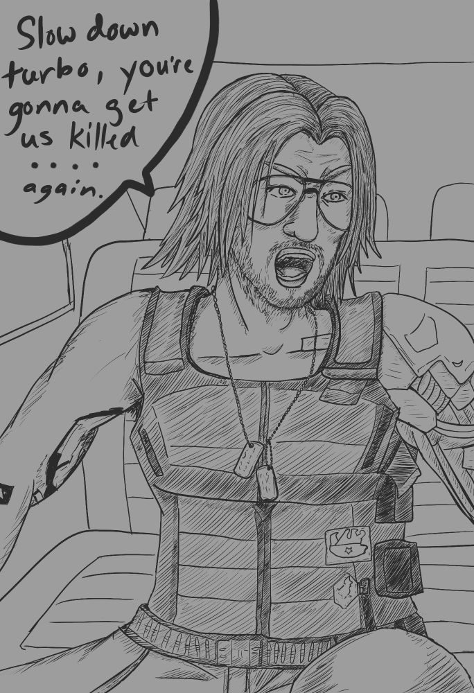 Black and white digital drawing of Johnny Silverhand from Cyberpunk 2077. He sitting in a car shouting at V, "Slow down turbo, you're gonna get us killed.... again."