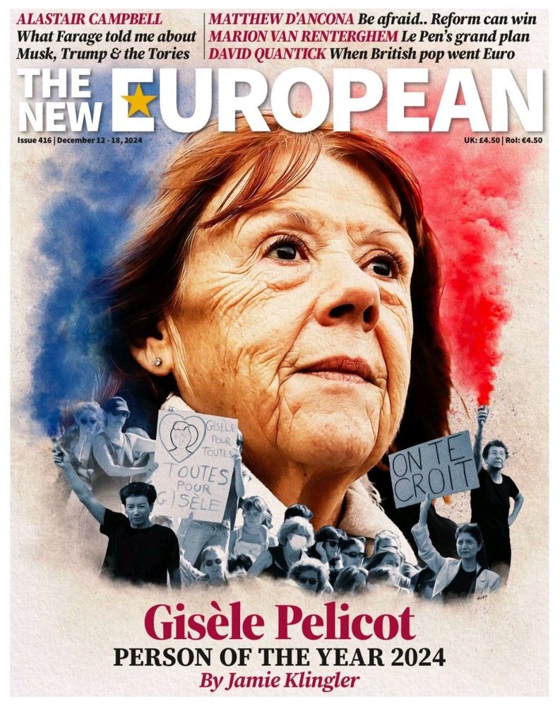 Magazine cover of the New European which has the face of Giséle Pelicot with demonstrators under her displaying placards in French supporting her and smoke flares in red and blue.