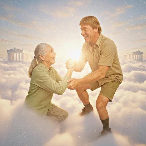 AI image of Steve Irwin helping Jane Goodall step up into heaven