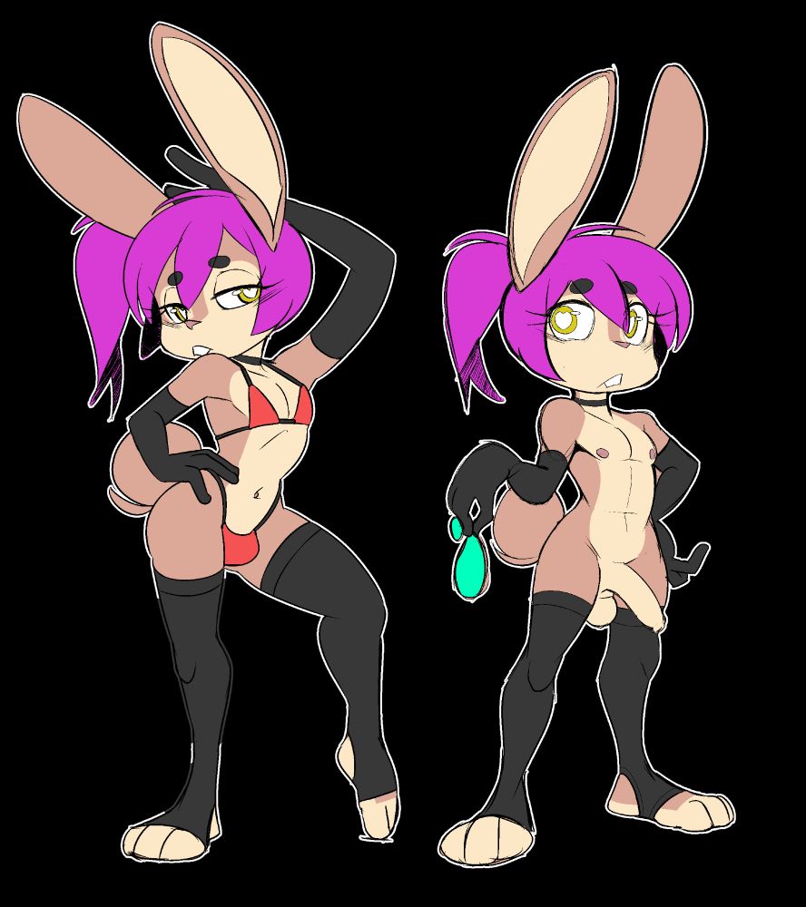 A sexualized drawing of a femboy rabbit character. One image has him in a provocative pose and wearing a bikini while the other has him completely nude except for stockings and gloves.