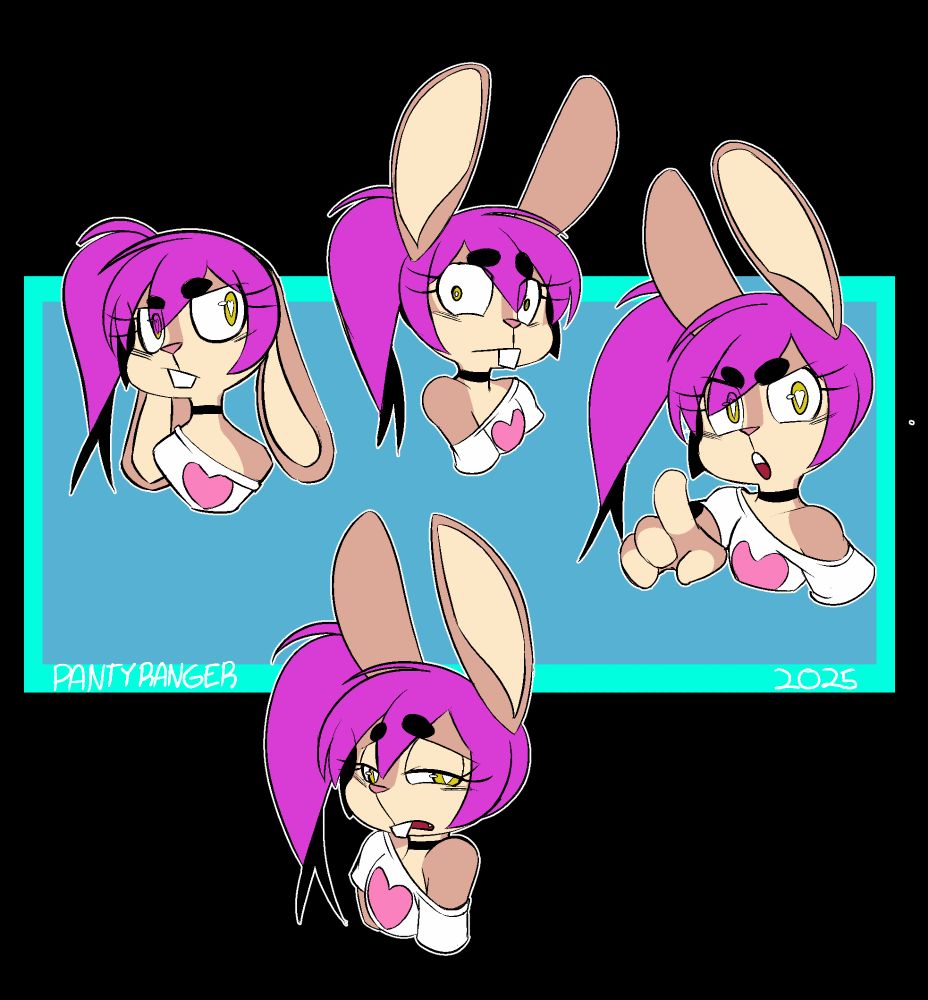 A colelction of head shots for a anthropomorphic rabbit.
