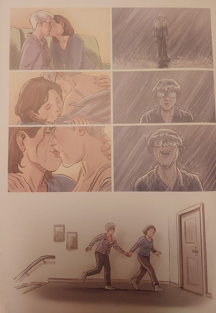 a juxtaposition between an older woman slowly being kissed by another and her standing in a downpour and beginning to grin. below, we see them rushing to the bedroom hand in hand