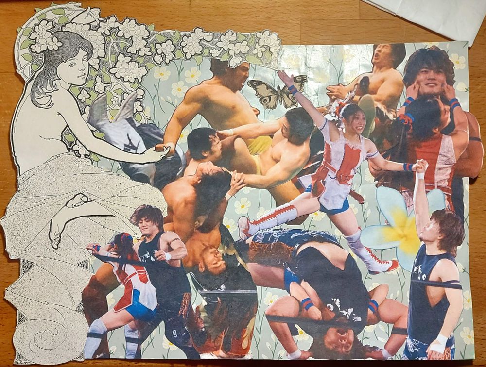 an art nouveau lady sits at the left and gestures at the many moments of the two pairs wrestling each other. the background is old light blue wrapping paper with white flowers