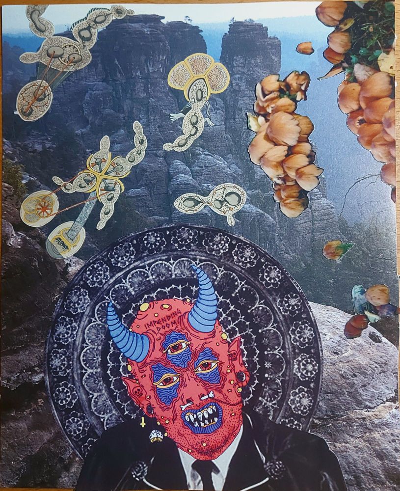 a drawing of a devil figure in a fancy suit and cape with three eyes and blue horns and the words "impending doom" on their forehead. behind their head is a big dark blue and white mandala. the background shows massive rock cliffs. floating in the air are strange drawings of single cell organisms and sideways mushrooms in small groups