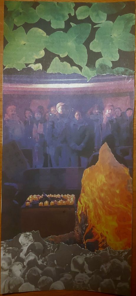a long vertical collage in several sections. in the middle is a group of people in a purple room holding a candlelight vigil. to their lower right is a blazing fire. at the bottom are the heads of a crowd turned away from the viewer, all in black and white. the very top has big oddly shaped leaves on a dark background