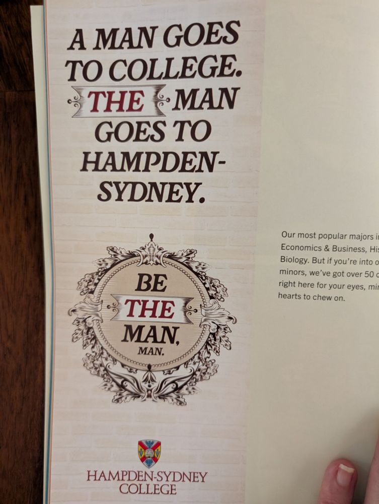 Big font on page reads A MAN FOR TO COLLEGE THE MAN GOES TO HAMPDEN -SYDNEY. BE THE MAN, MAN. 