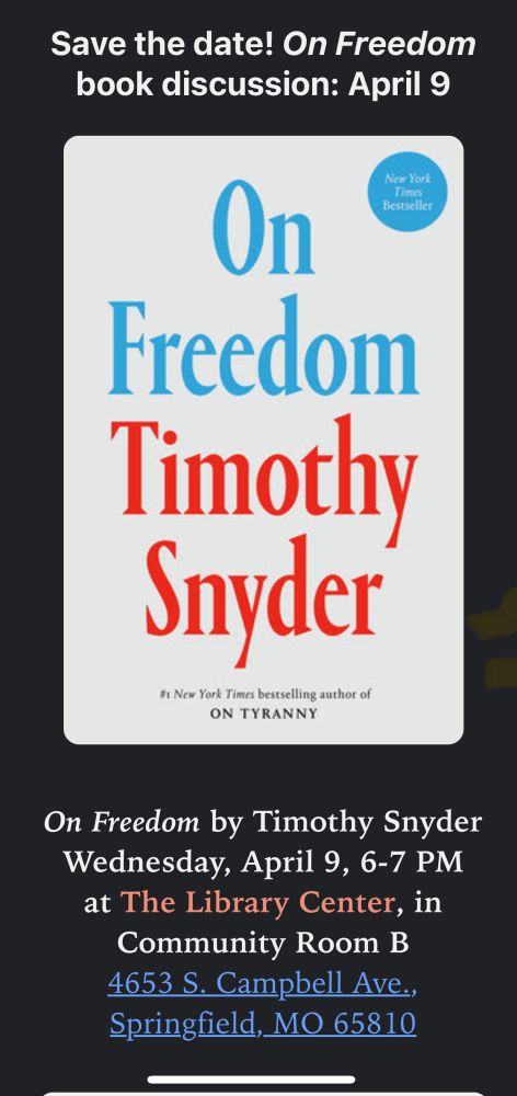 Screenshot with information about upcoming book club meeting and the cover of the “On Freedom” book. Text reads: “Save the date! ‘On Freedom’ book discussion: April 9,” Followed by meeting information which is already shared in the Bluesky post.