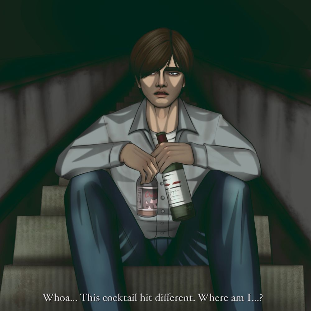Fanart of Henry Townshend sitting on the elevator that leads to the Subway World. He’s holding a bottle of wine and chocolate milk as he stares into the distance tiredly.