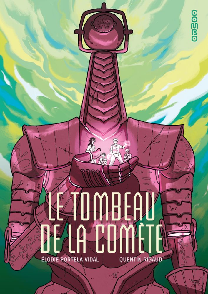 Couverture de la BD "Le Tombeau de la Comète" par Élodie Portela Vidal (@tutankart.bsky.social) et Quentin Rigaud (@slanmetha.bsky.social) à paraître chez les éditions Dargaud le 9 janvier 2026.

La couverture représente une grande amure aux tons magenta portant dans sa main les quatre personnages principaux de l'histoire (trois femmes Pélagie, Sélène, Mélissande et un adolescent Ours.) Le fond est un dégradé de nuages éthérés au tons vert, bleu et jaune.