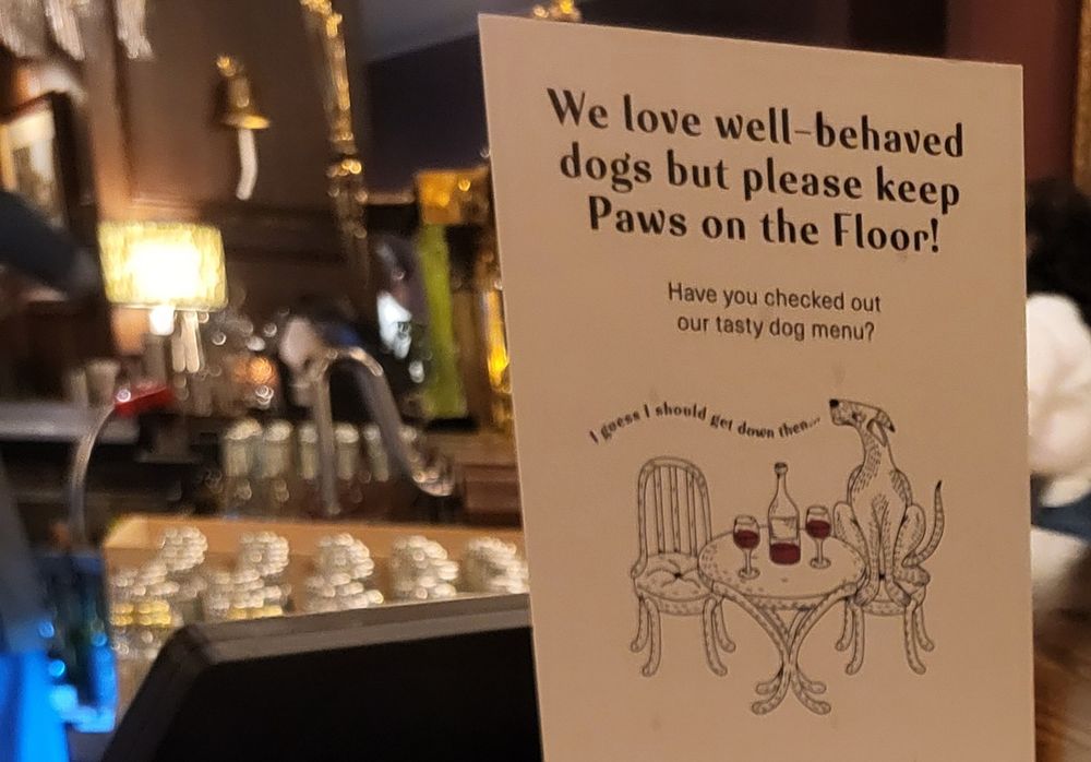 Card propped up on a bar with the words "Have you checked out our tasty dog menu?"