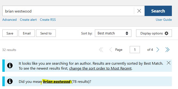 screenshot of pubmed webpage showing search for "brian westwood" and pubmed suggesting "did you mean brian eastwood?"