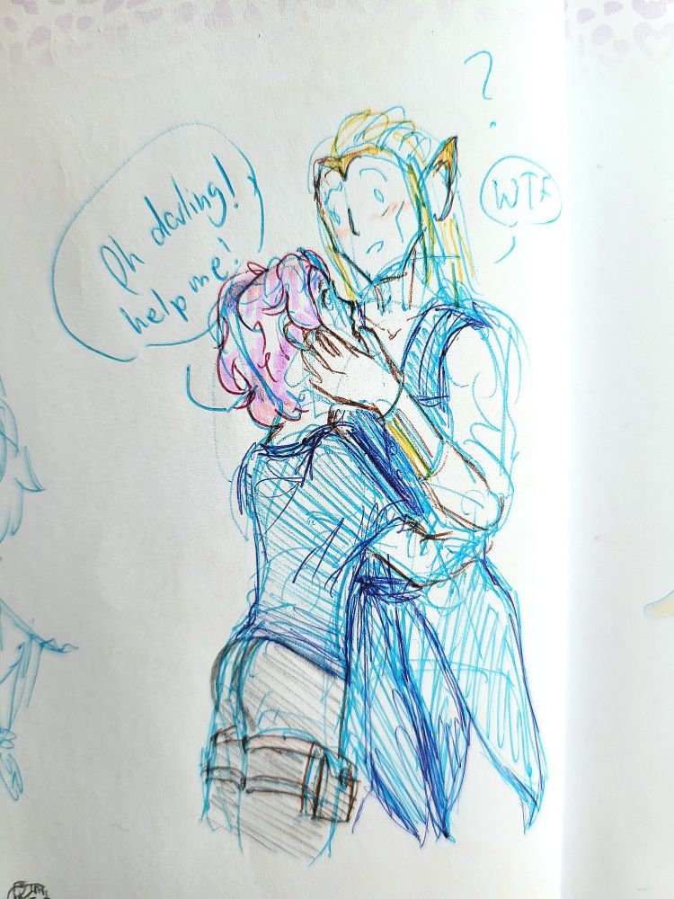 Sketchbook doodle of a purple haired character called Sea hugging a high elf called Auren while crying out "oh dalring! Help me!". The elf is blushing and confused and says "Wtf" in response.