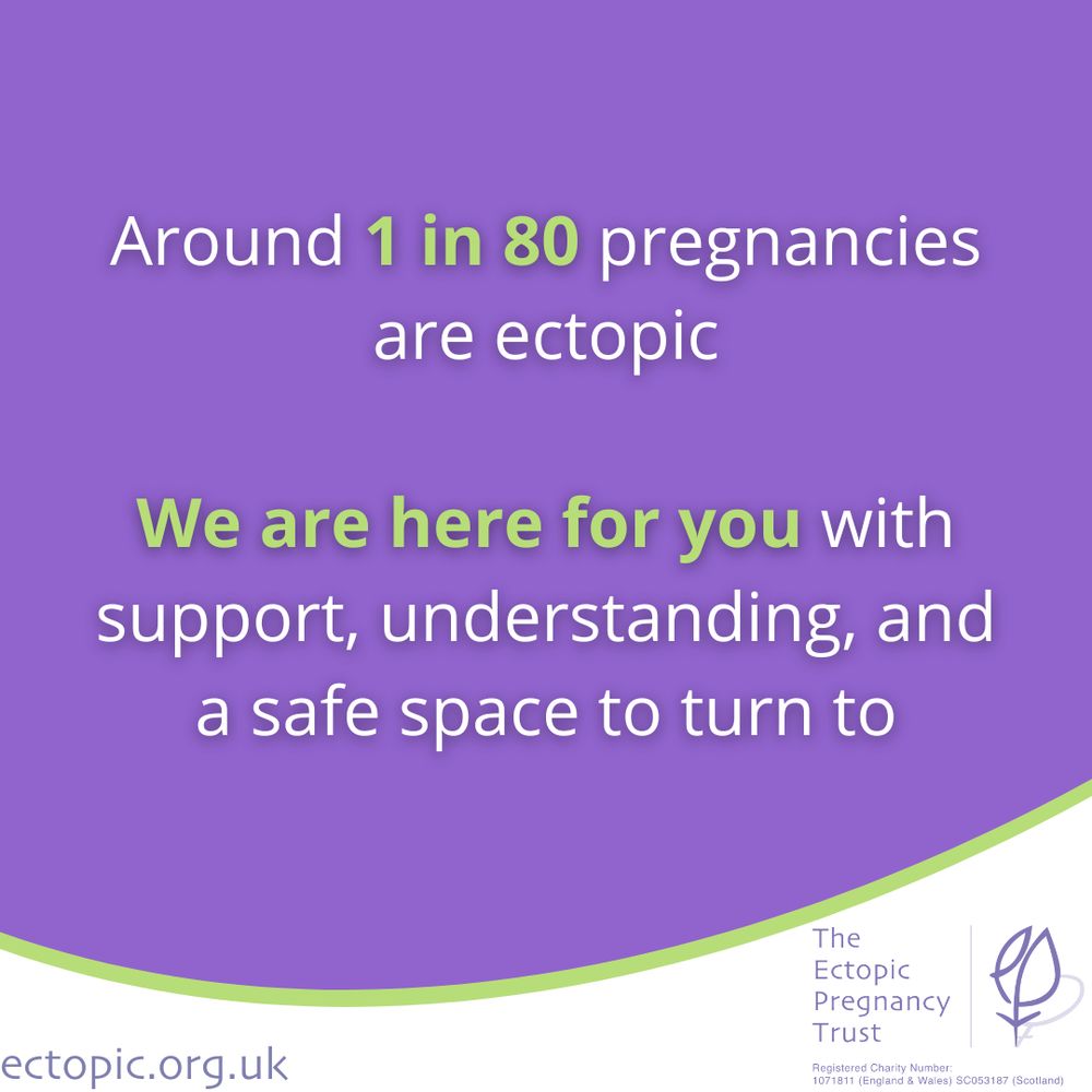 On purple background text in the centre reads: "Around 1 in 80 pregnancies are ectopic. We are here for you with support, understanding, and a safe space to turn to". The words "1 in 80" and "We are here for you" are highlighted in bold green.