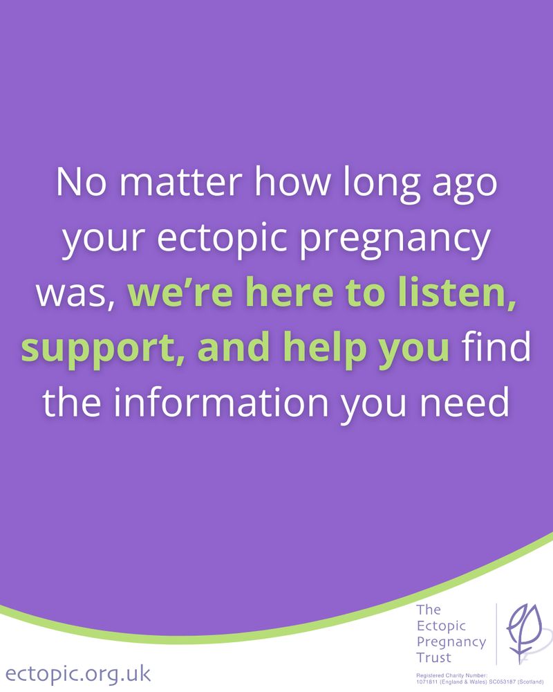 White text on a purple background reads: "No matter how long ago your ectopic pregnancy was, we’re here to listen, support, and help you find the information you need.". The phrase "we’re here to listen, support, and help you" is highlighted in bold green text.