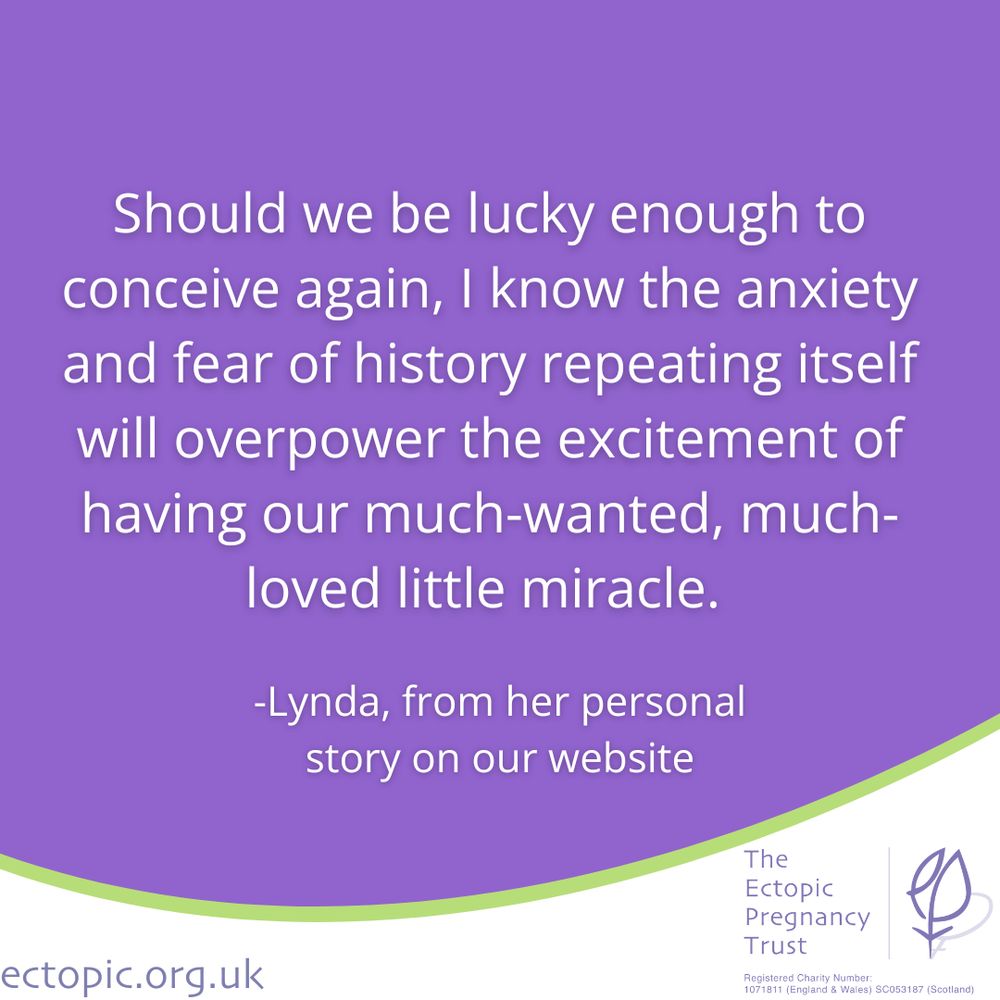 A  quote, in white text on a purple background, reads: "Should we be lucky enough to conceive again, I know the anxiety and fear of history repeating itself will overpower the excitement of having our much-wanted, much-loved little miracle.". Below the quote, in smaller white text, it states: "- Lynda, from her personal story on our website."