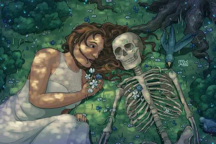Digital illustation of a girl in a mossy glen tenderly lying near a skeleton as crowd pick away at it.