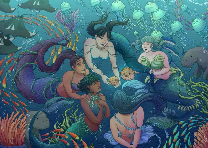 Digital illustration of five mermaids clustered around two pufferfish, one floating upside-down being cradled in one mermaid's hands, the other looking onwards with a silly expression on its face. Surrounding the mermaids are a plethora of sea creatures and flora-- manatees, manta rays, jellyfish, and fish. 
