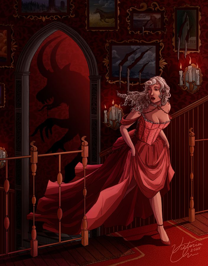 A digital illustration rendered in colored pencil textures of a woman in an ornate red dress running up a stairwell, away from a horned, clawed shadow approaching from a side hallway. The scene is flooded in red lighting, with ornate gothic wallpaper, paintings, sconces, and wainscotting in the background.