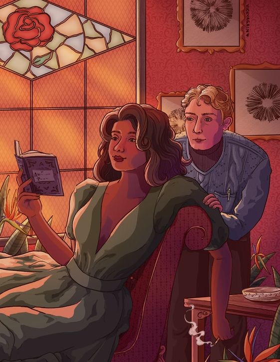 Digital illustration in orange-red-purple sunset tones of a Mexican woman in a green taffeta dress reading a book while on a chaise lounge, holding a cigarette in one hand. A white man in a sweater is leaning over her shoulder, hand gently place on her arm. 