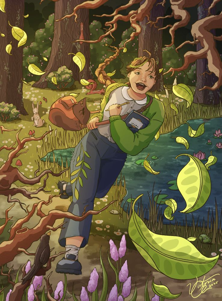 A digital illustration of a girl wearing a green sweater with a messenger bag and long braid running through a woodland scene, leaves flying with her.