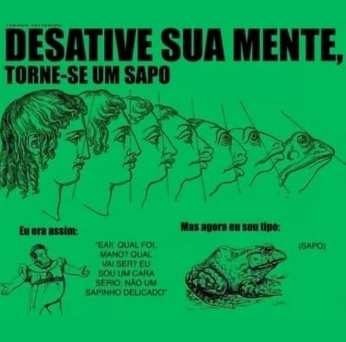 Imagem de humor com fundo verde e arte estilo meme. No topo, em letras grandes e pretas, está escrito: “DESATIVE SUA MENTE, TORNE-SE UM SAPO”. Abaixo, há uma sequência de desenhos mostrando a evolução do perfil de uma cabeça humana clássica, que vai se transformando gradualmente em um sapo. A transição é feita com traços de estilo renascentista até chegar num sapo realista olhando de perfil.

No canto inferior esquerdo, há um desenho de um homem com roupa estranha e postura arrogante, com a legenda “Eu era assim:” e uma fala do personagem dizendo:
"EAI! QUAL FOI, MANO? QUAL VAI SER? EU SOU UM CARA SÉRIO. NÃO UM SAPINHO DELICADO".

Do lado direito, está escrito “Mas agora eu sou tipo:”, acompanhado da imagem de um sapo calmo e relaxado, com a legenda simples:
“(SAPO)”.