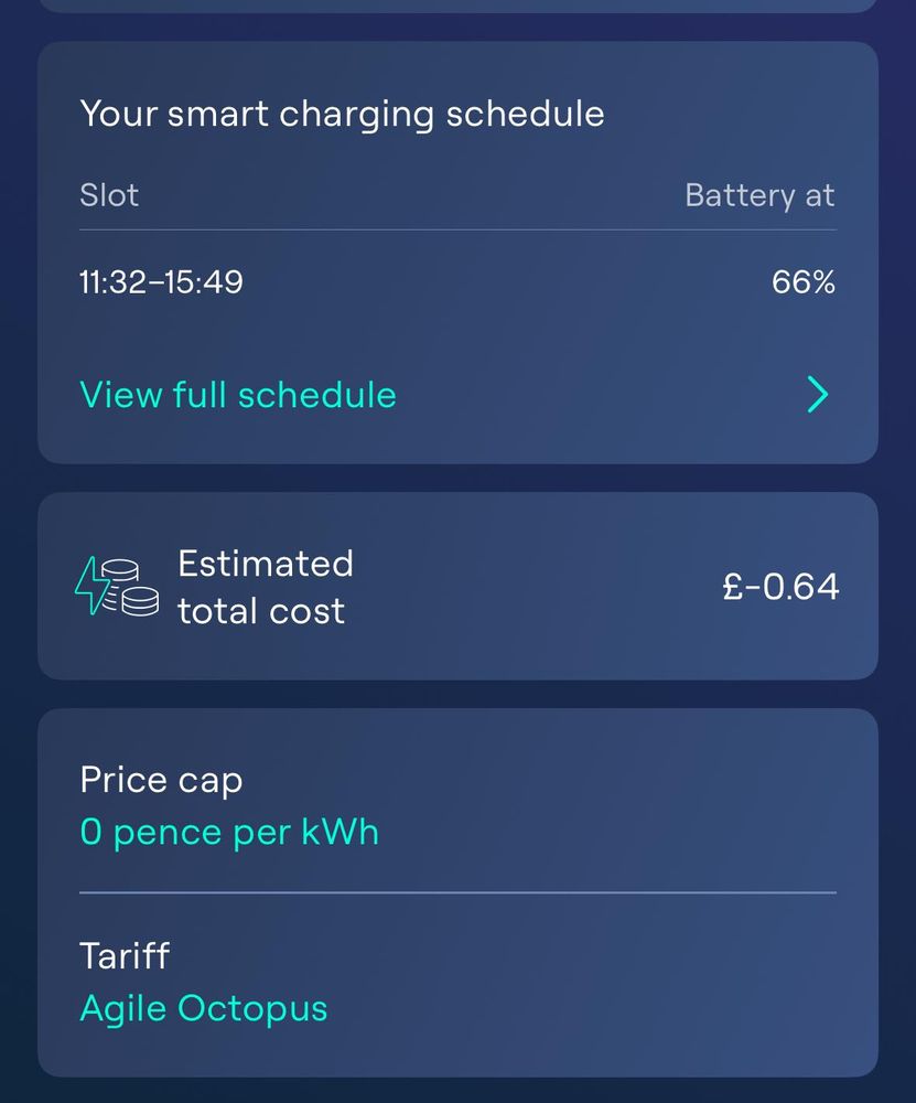 Your smart charging schedule
Slot
11:32-15:49
Battery at
66%
View full schedule
Estimated
total cost
£-0.64
Price cap
O pence per kWh
Tariff
Agile Octopus