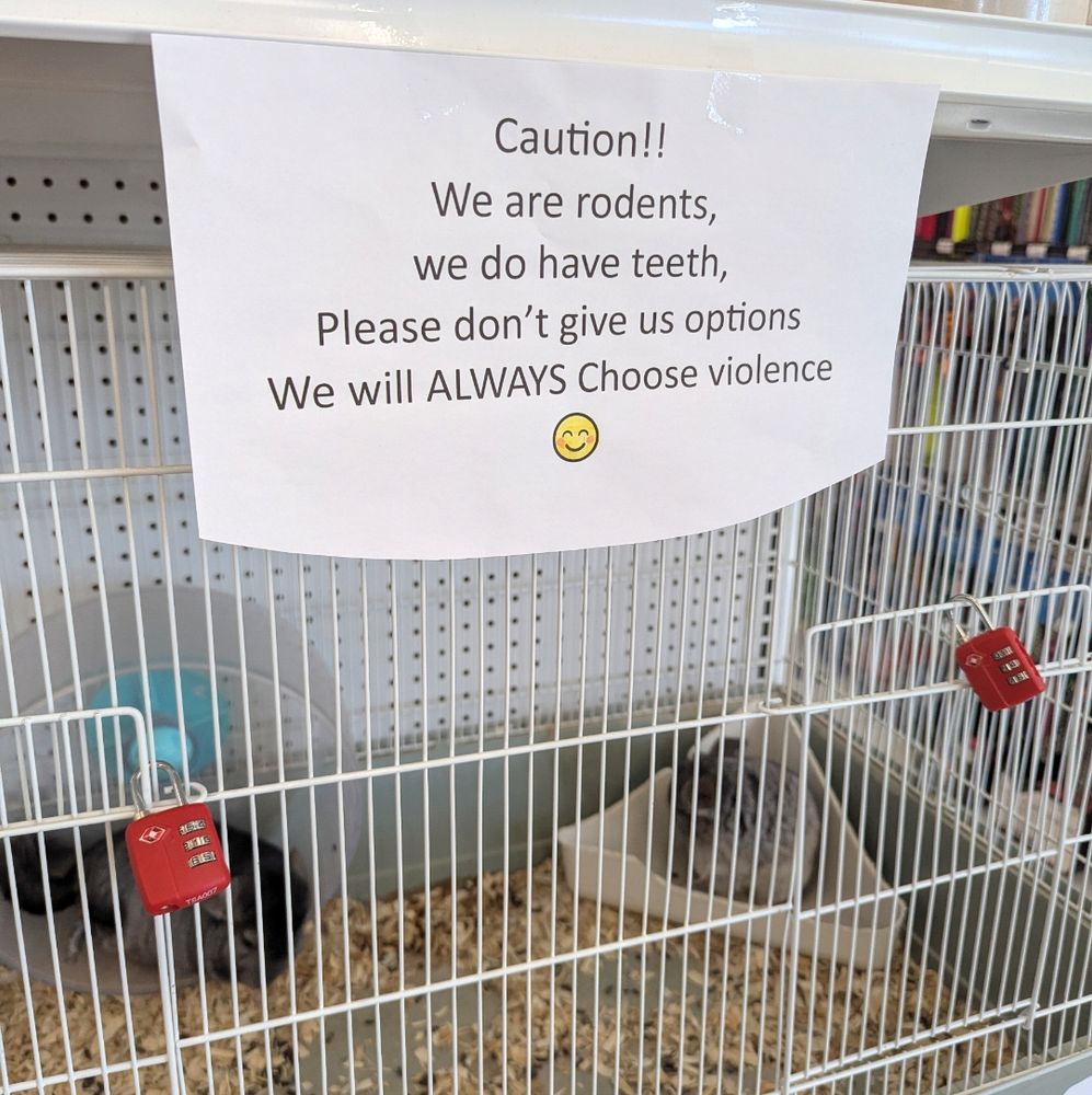 a picture of a chinchilla cage at the pet store. there's a sign on their cage that says "caution!! we are rodents, we do have teeth, please don't give us options we will ALWAYS choose violence 🙂"
