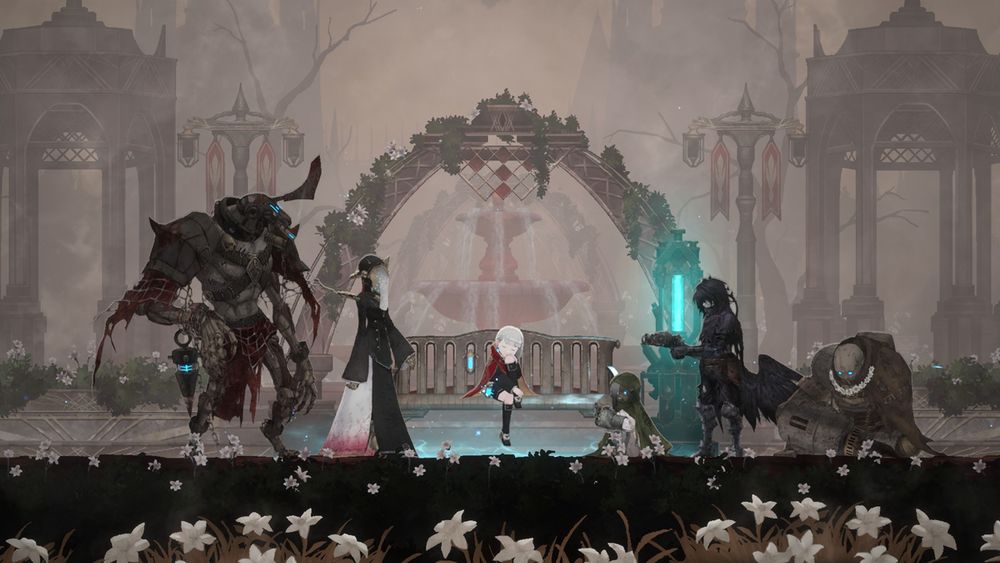 Screenshot of a bench rest point with several characters from the game. The background is mostly grey and has the silhouette of an arched trellis. White lilies dapple the foreground. 