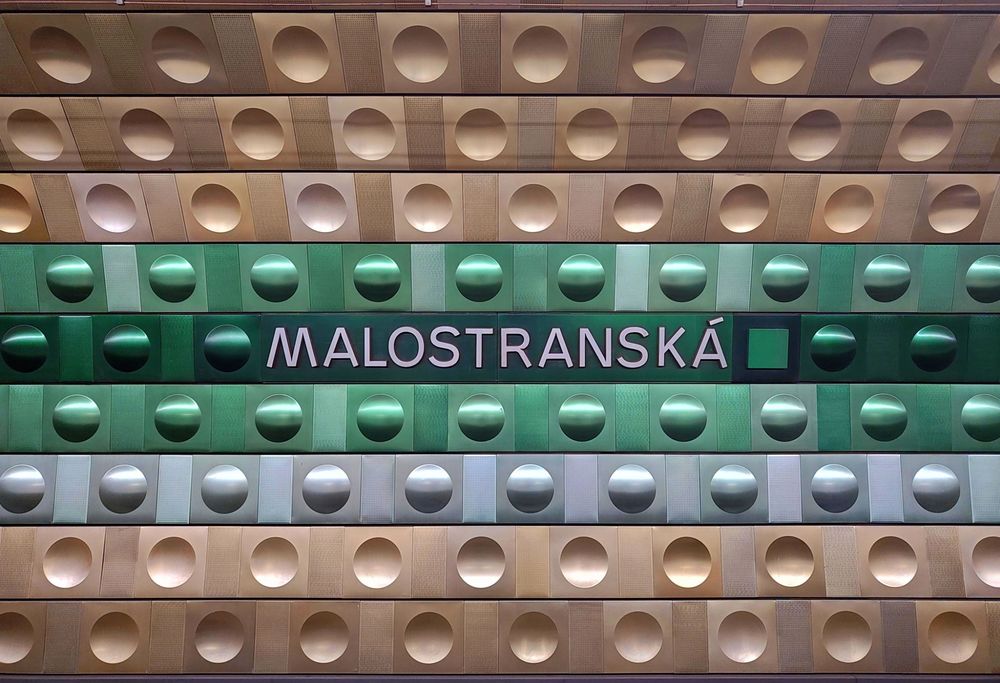 Metal letters designed by Jiří Rathouský, Malostranská station, Prague.