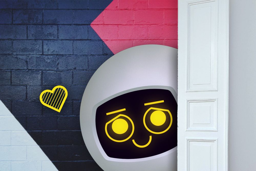 Opus shyly hiding behind a door