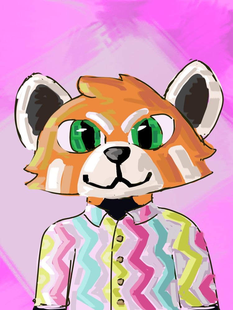Artwork of red panda in funky shirt and with green eyes.