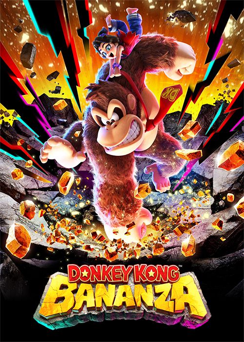 Key art of Donkey Kong Bananza depicting DK smashing through the ground while Pauline hangs on to his tie.