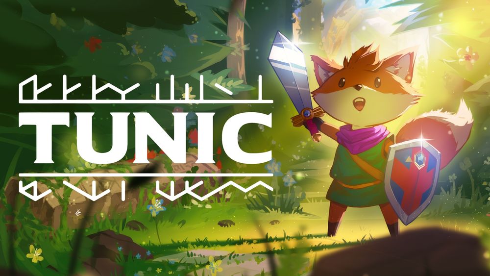 Key artwork for Tunic. Picturing a fox with a shield in his left hand and raising his sword in his right hand. The fox is standing in the middle of a lush forest area filled with flowers and trees.