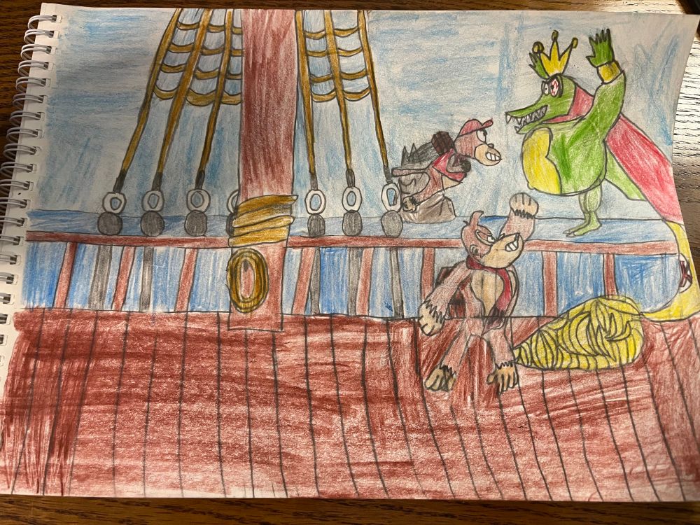 A color pencil drawing of Donkey Kong and Diddy Kong fighting against King K. Rool on the Gang-Plank Galleon.