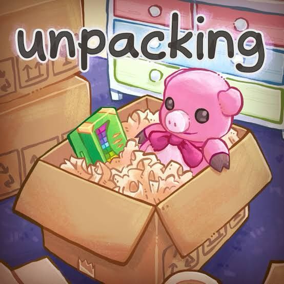The key artwork for Unpacking, showing a plush pig with a red bowtie next to a box of crayons inside of a cardboard box. The box is also filled with packing foam.