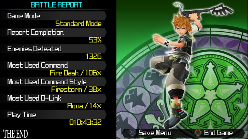 A screenshot from "Kingdom Hearts Birth by Sleep" of the completion screen for Ventus' story. It shows a green and gray stained-glass panel with a star and many other symbols while Ventus is doing an action pose. The text says the following:

BATTLE REPORT

Game Mode: Standard Mode
Report Completion: 53%
Enemies Defeated: 1326
Most Used Command: Fire Dash/106x
Most Used Command Style: Firestorm/38x
Most Used D-Link: Aqua/14x
Play Time: 10:43:32

THE END