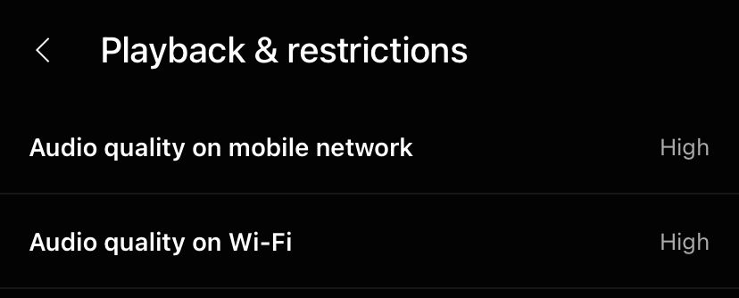 A screenshot of the Playback & restrictions section of the Setting in the YouTube Music iPhone app. The audio quality options for mobile and Wi-Fi streaming are set to High.